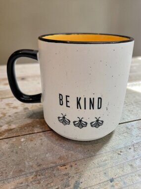 Be Kind Ceramic Mug With Black Handle & Yellow Interior Speckled White Finish Be